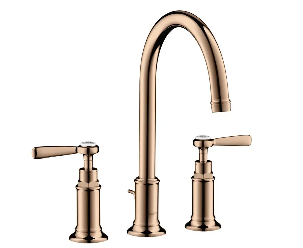 Waschtischarmatur mit einem geschwungenen Wasserhahn und zwei Hebelgriffen, gefertigt von AXOR, im Polished Red Gold-Finish. Enthält eine Zugstangen-Ablaufgarnitur.